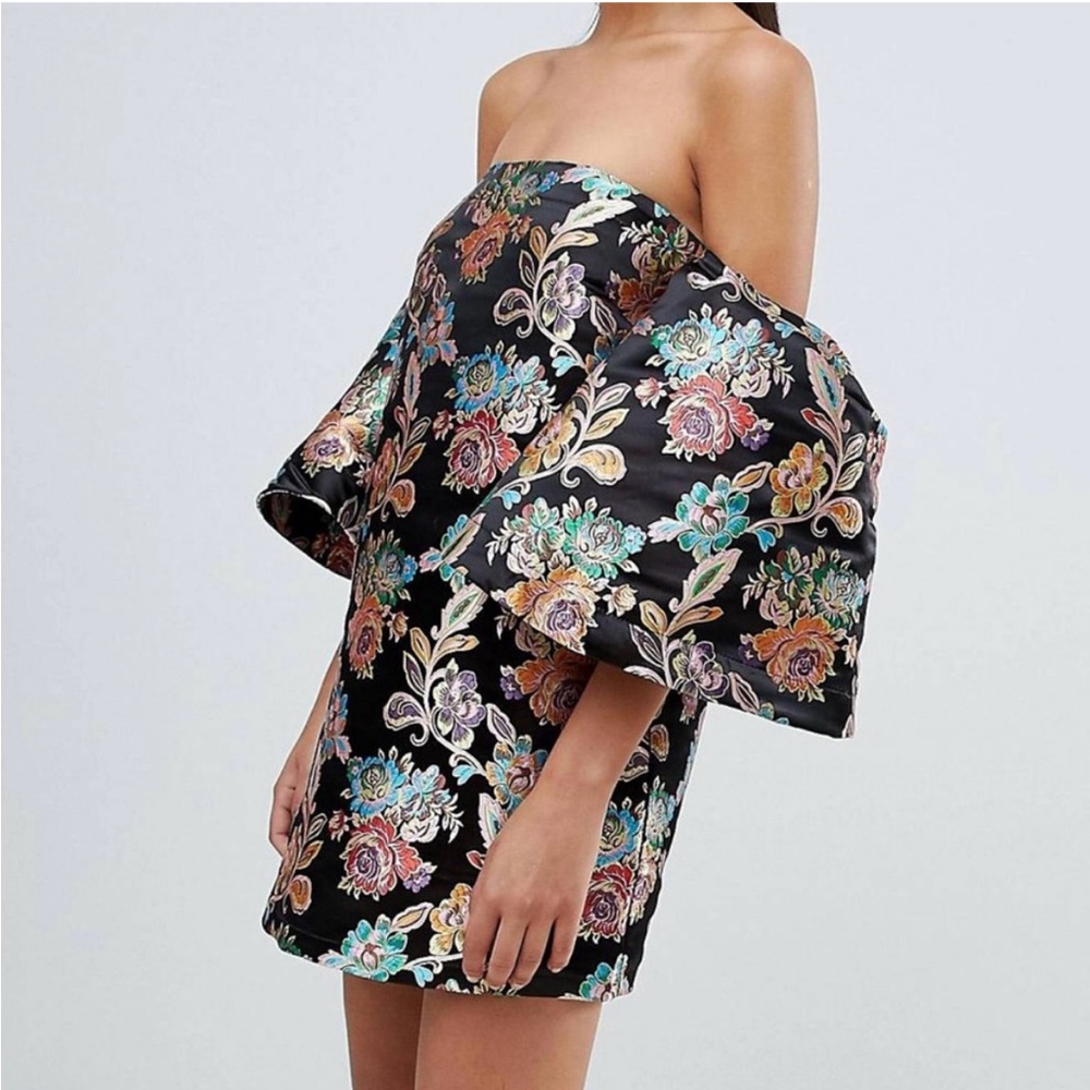 ASOS Design Bardot Off Shoulder Structured Mini Dress in Floral Jacquard